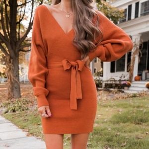 Pink Lily x Caitlin M. Covington Rust Chelsea Wrap Sweater Dress, Small